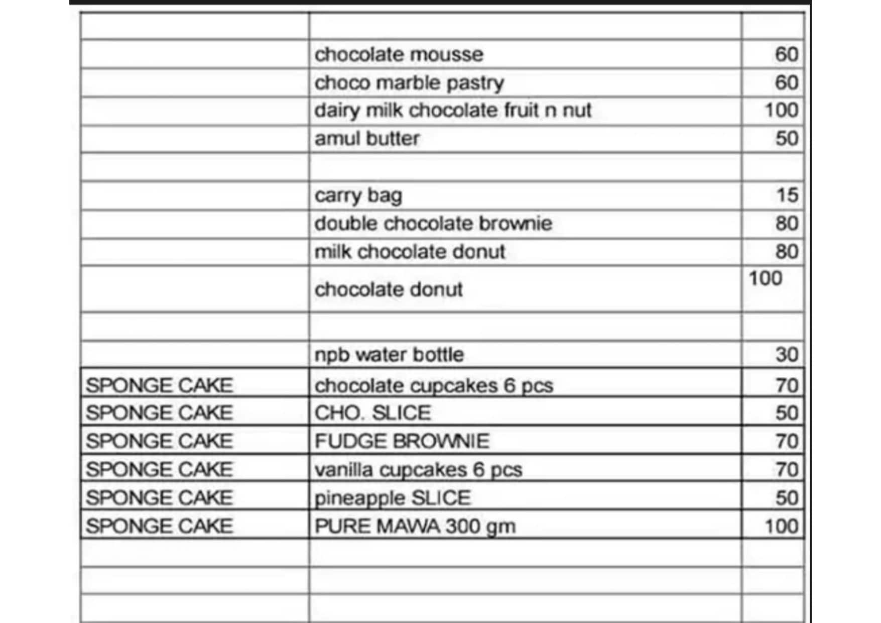 New Poona Bakery menu