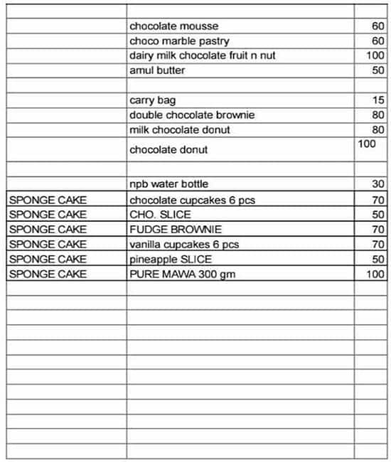 New Poona Bakery menu