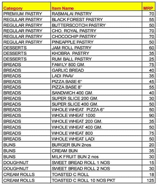 New Poona Bakery menu