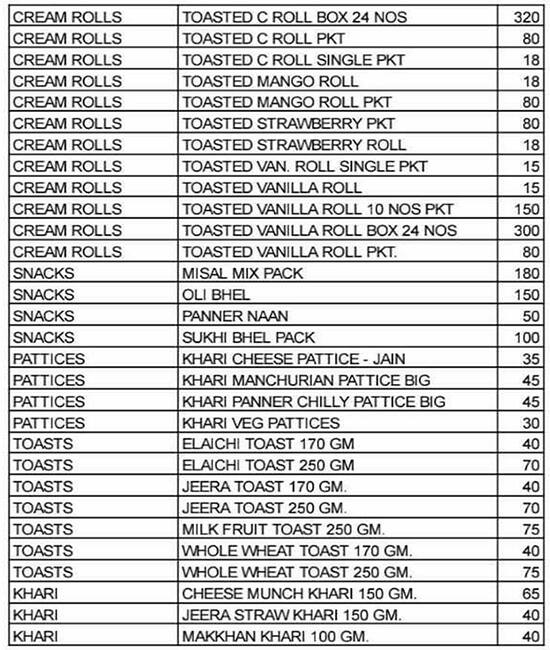 New Poona Bakery menu