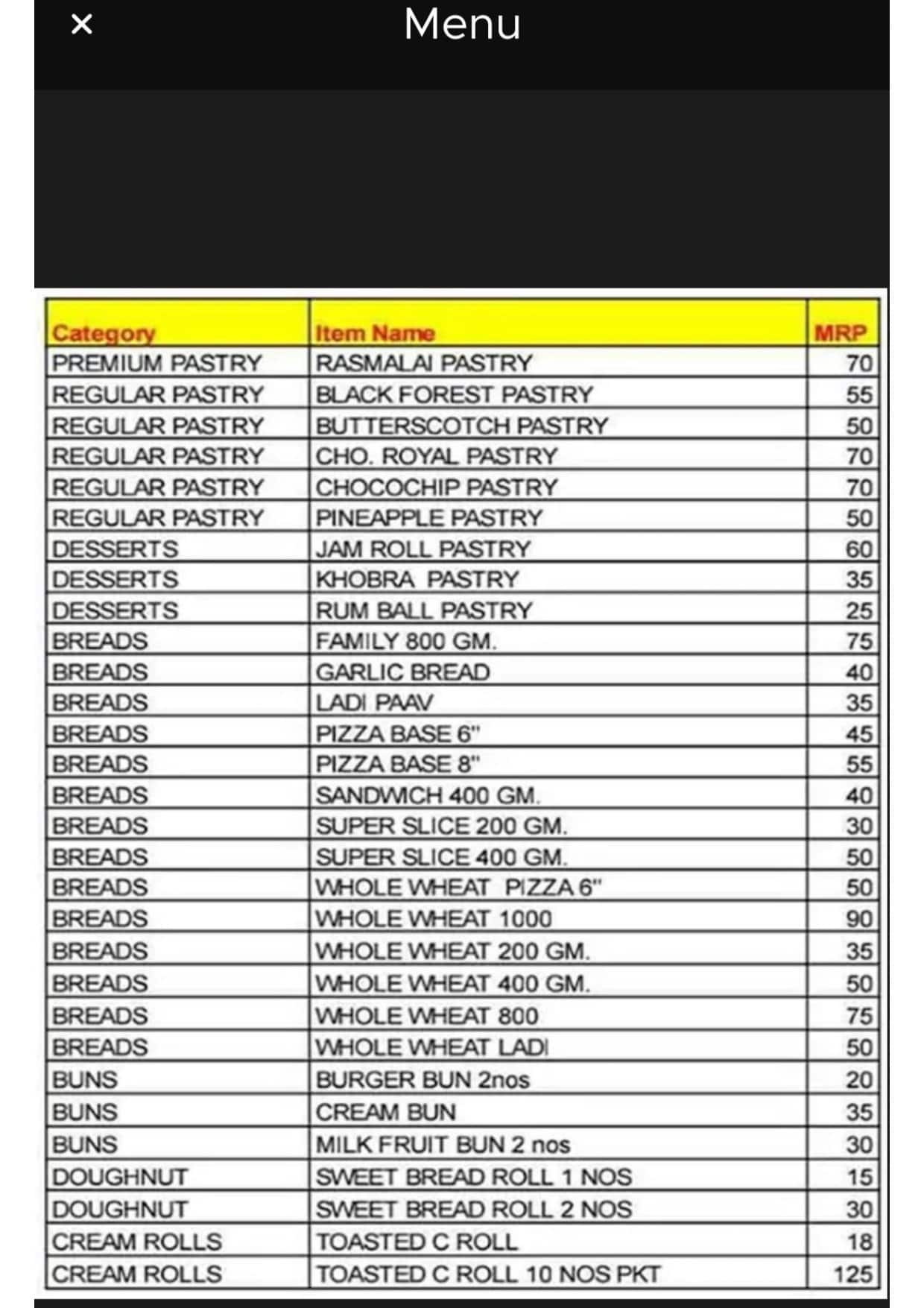 New Poona Bakery menu