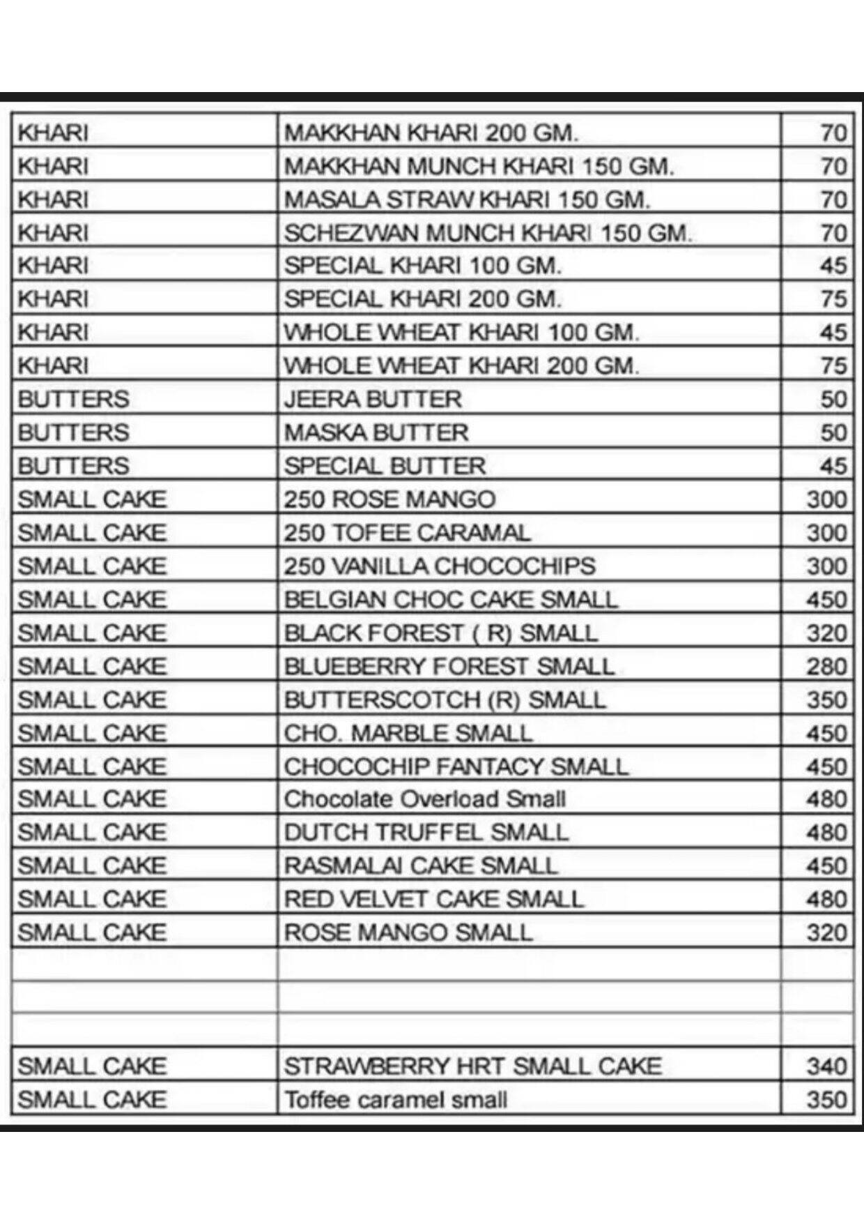 New Poona Bakery menu