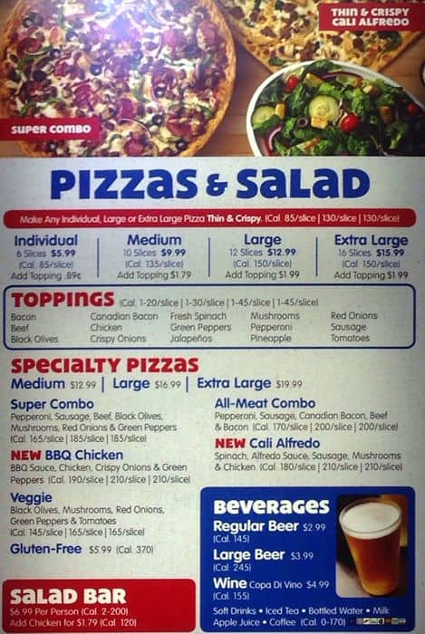 Menu at Chuck E. Cheese pizzeria, Batavia