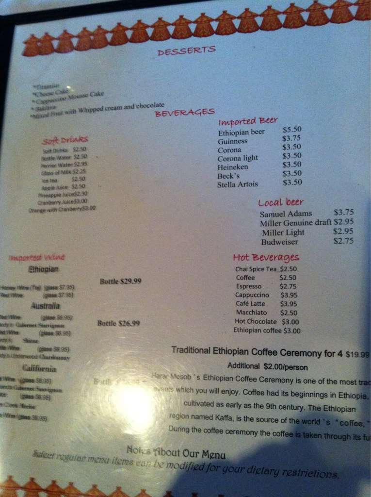 Harar Mesob Ethiopian Restaurant Menu Urbanspoon/Zomato