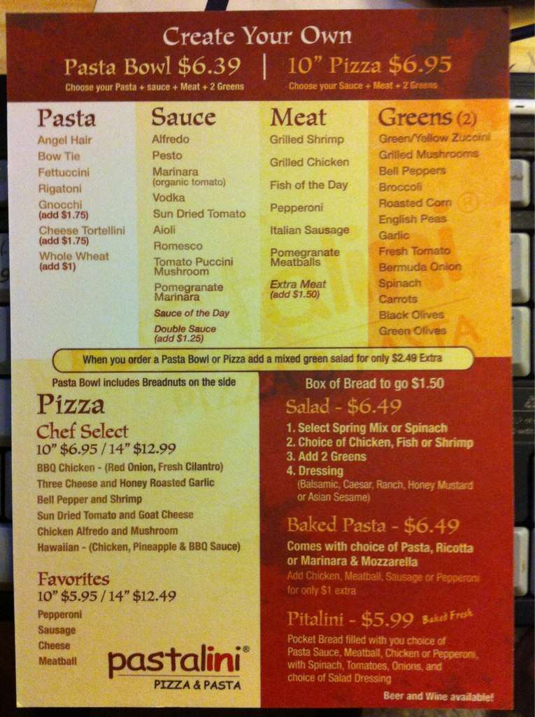 Pastalini menu, Menu restauracji Pastalini, Miramar, San Diego