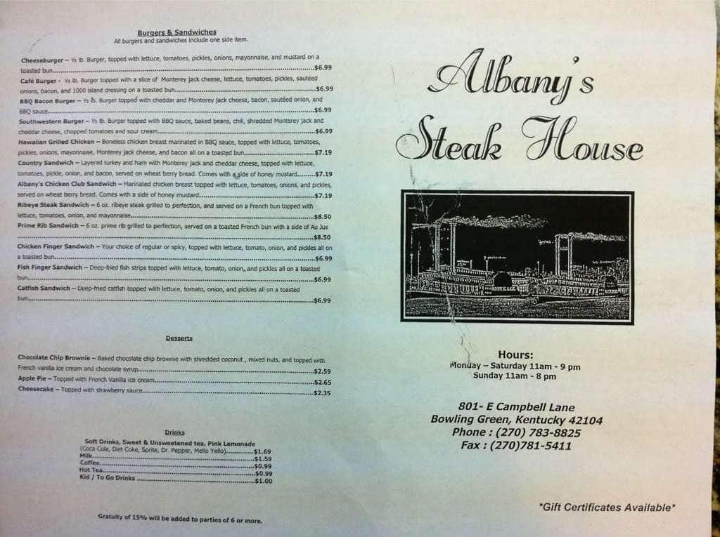 Albany's Steak House Menu Urbanspoon/Zomato