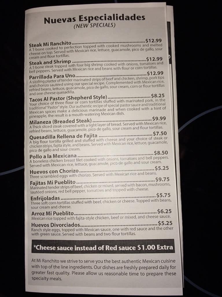 Menu at Mi Ranchito restaurant, Bryant