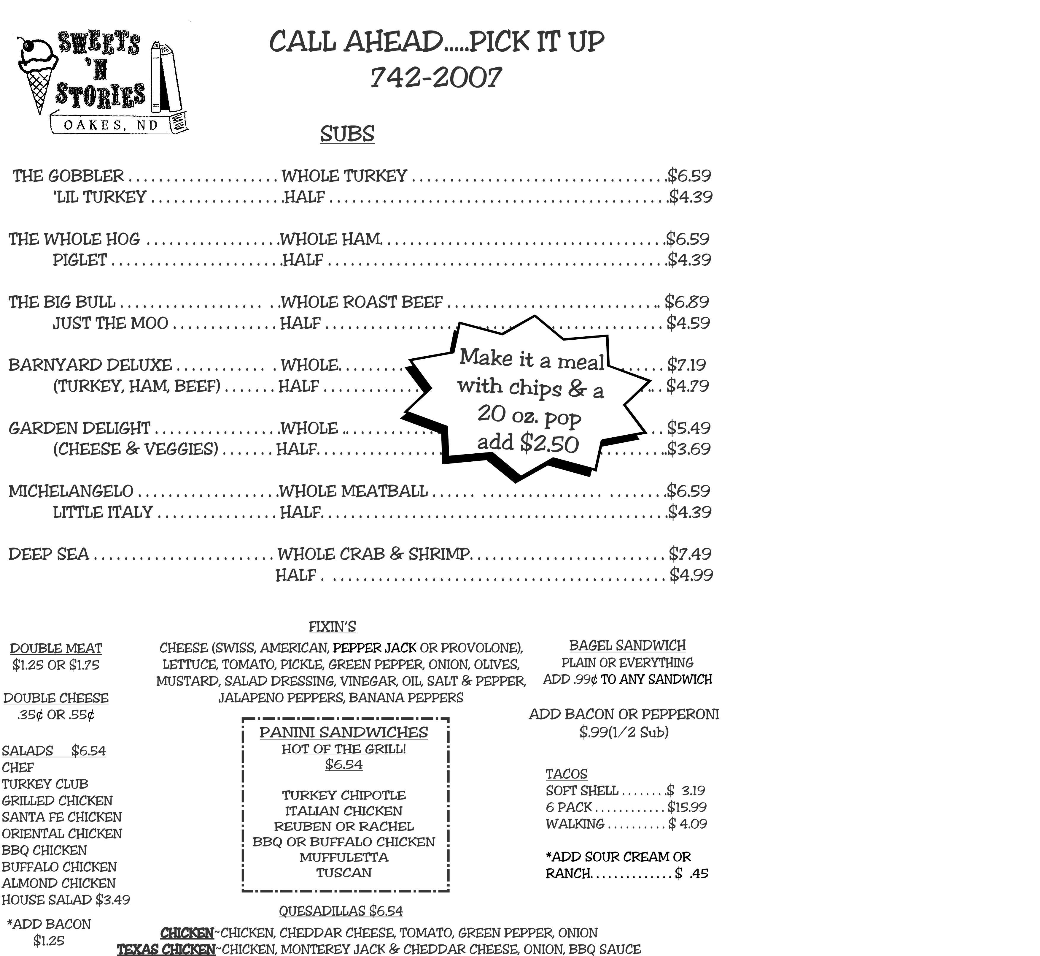 Sweets 'N Stories Menu, Menu for Sweets 'N Stories, Oakes, Oakes