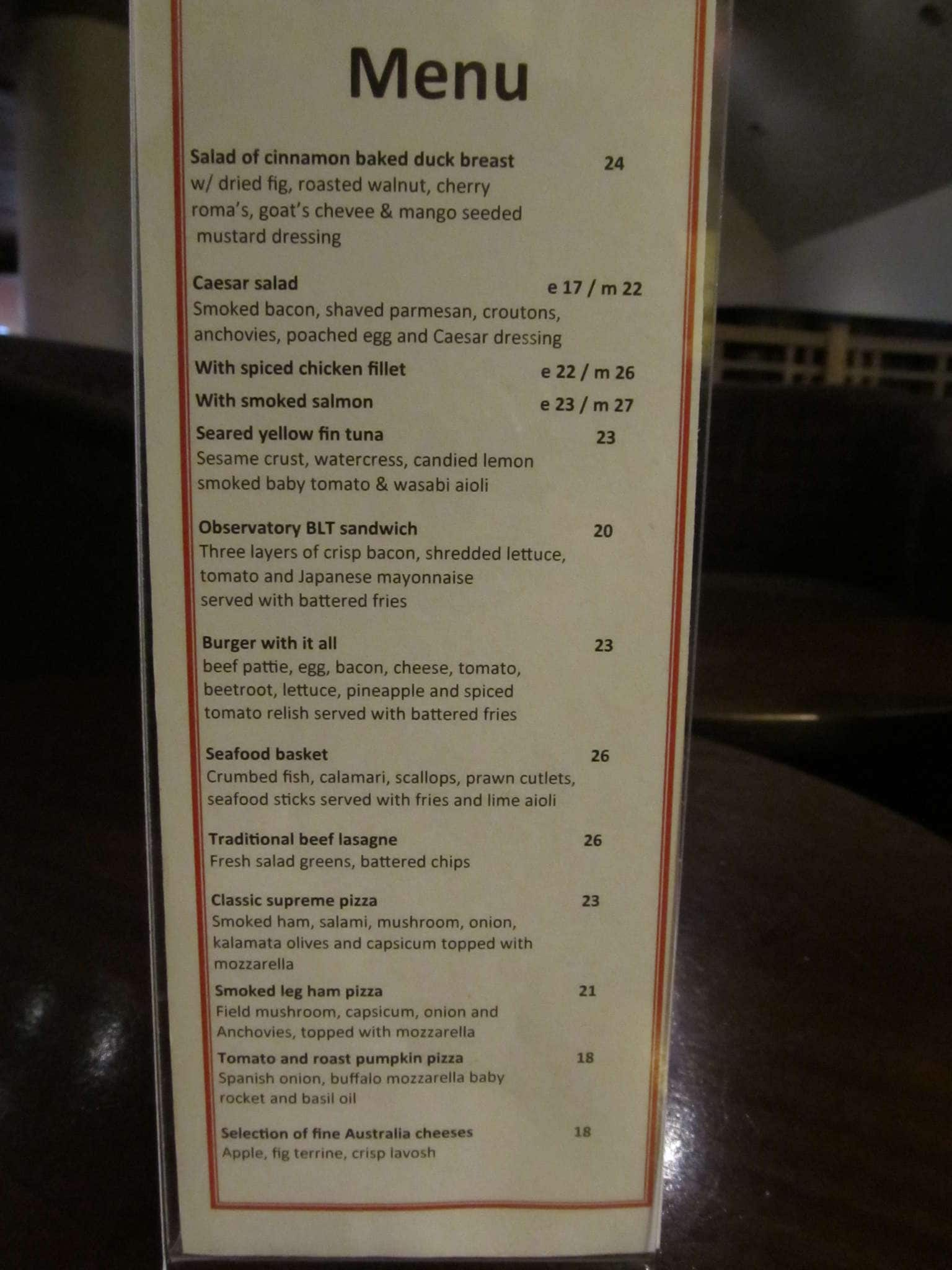 Menu at The Lobby Bar, Scarborough