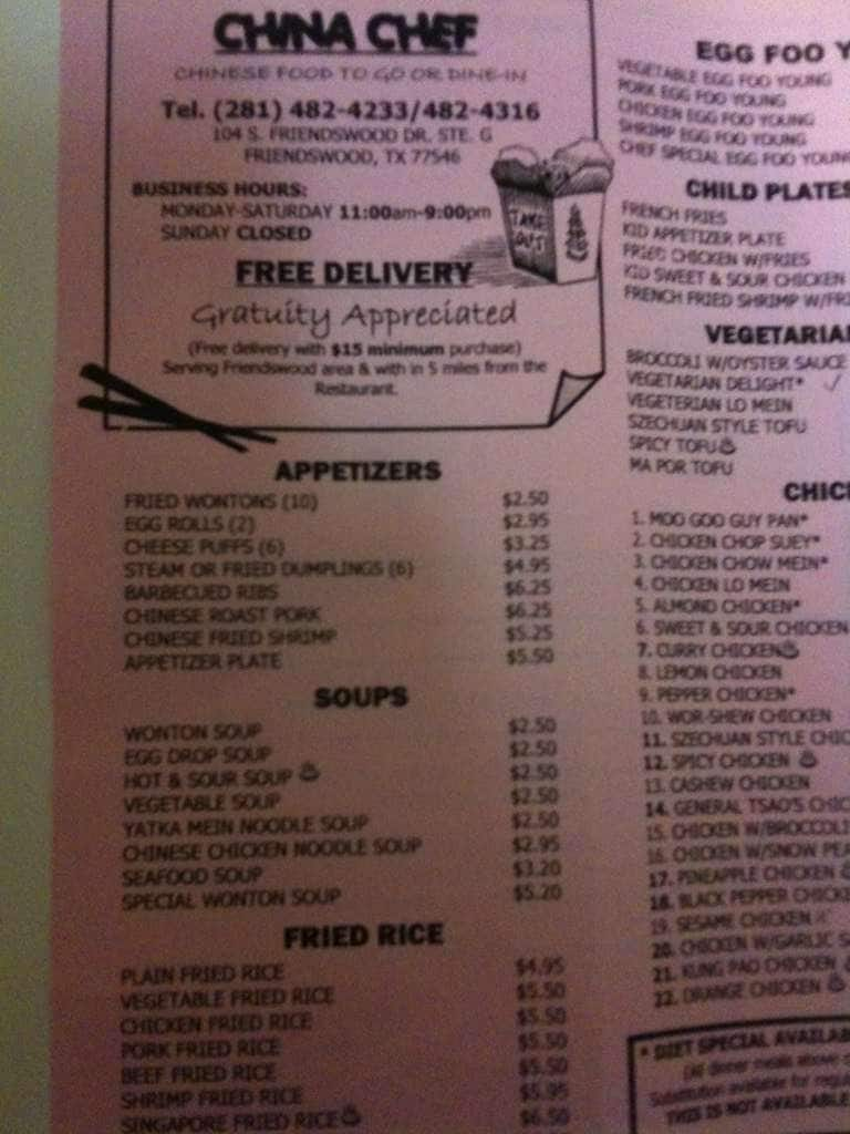 Menu At China Chef Restaurant, Friendswood, 104 S 