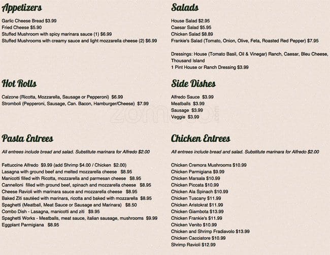 Frankie's Pizza and Pasta Menu Urbanspoon/Zomato