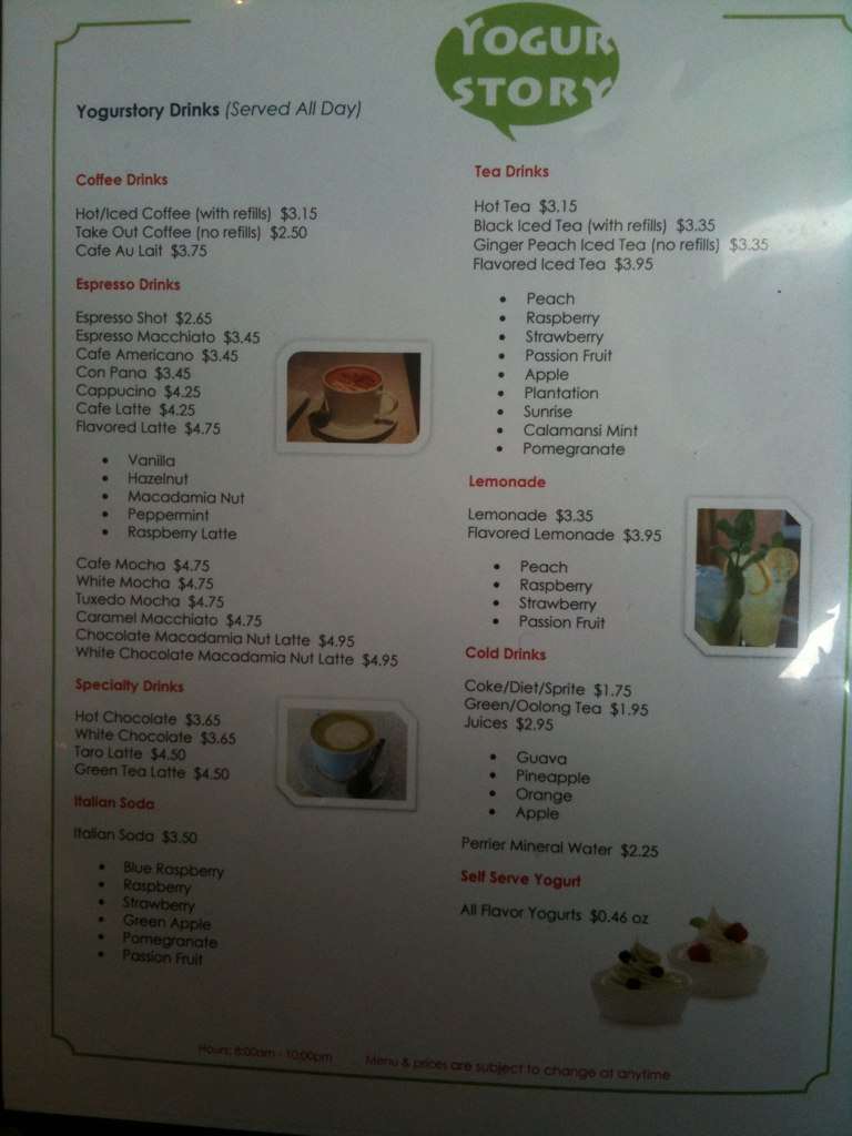 Menu at YogurStory restaurant, Honolulu, 745 Ke’eaumoku St