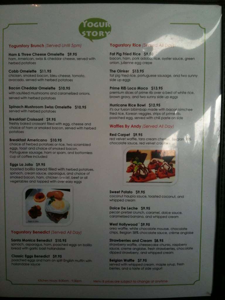 Yogur Story Menu, Menu for Yogur Story, Ala Moana, Rest of Hawaii