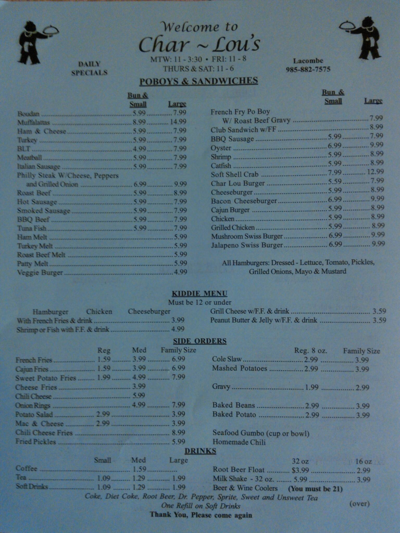 Menu at Char Lou's restaurant,