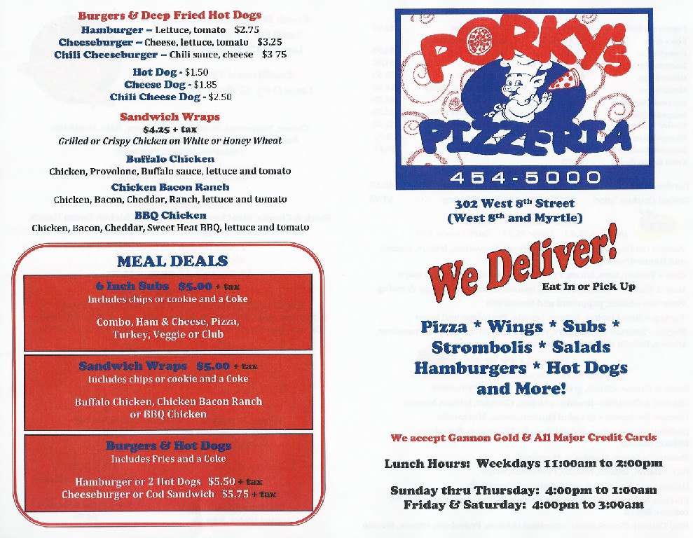 Porky's Pizzeria menu, Menu restauracji Porky's Pizzeria, Erie, Erie