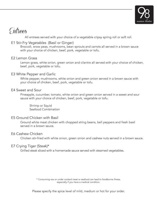 Menu at 98 Asian Bistro restaurant, High Point