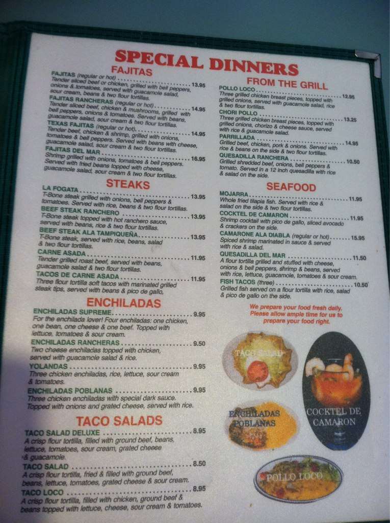 Menu at La Fogata restaurant, Nags Head