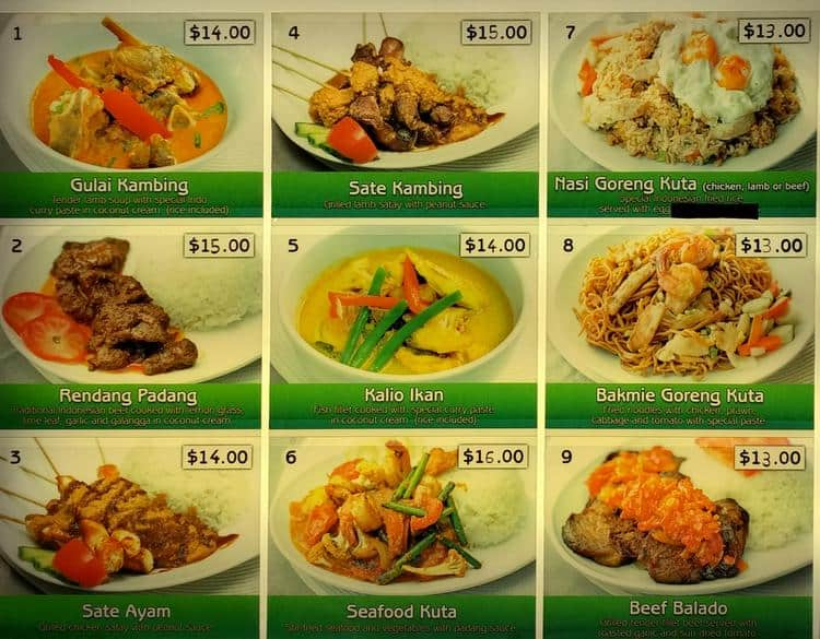 Menu at Kuta Bali restaurant, Auckland, 15 Mercari Way