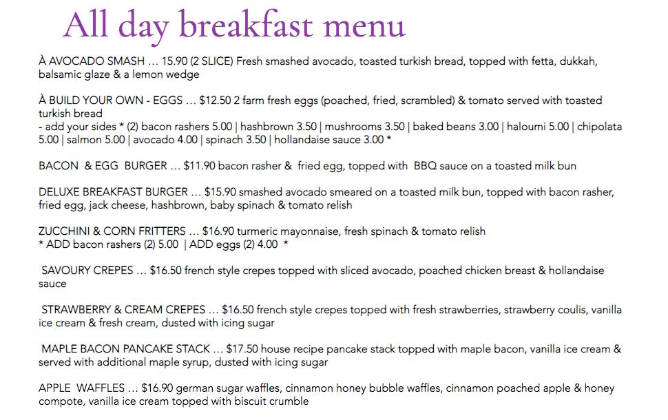 Menu at Ramekins Cafe, Carseldine