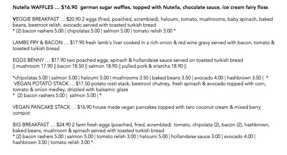 Menu at Ramekins Cafe, Carseldine
