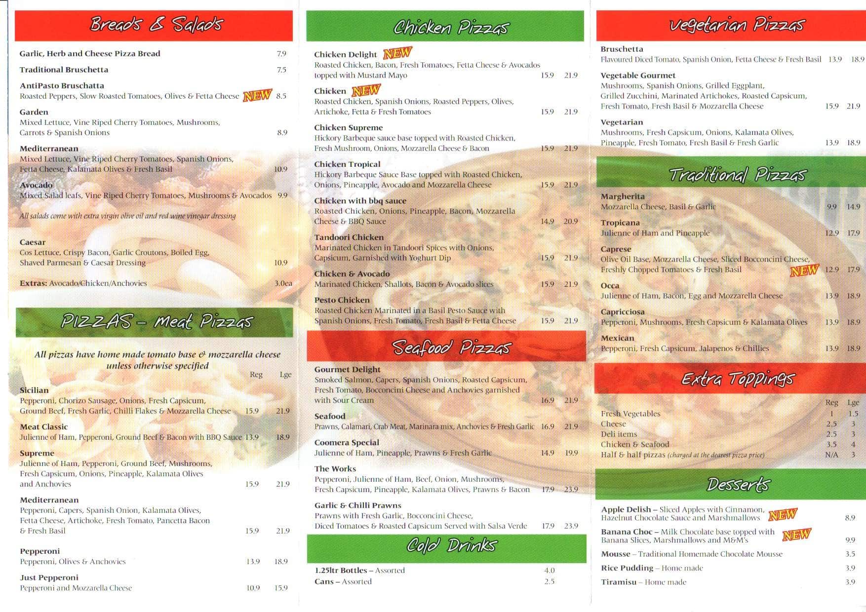 Menu at Positano's Pizza Pasta fast food, Upper Coomera