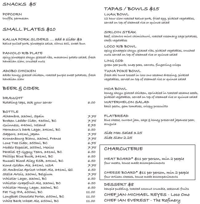 The Refinery Menu, Menu for The Refinery, Downtown, Vancouver ...