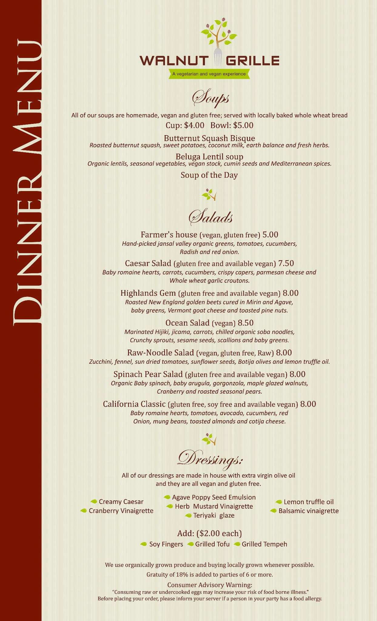 Menu at Walnut Grille restaurant, Newton