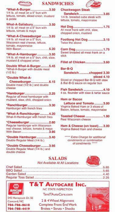 Menu at What-A-Burger fast food, Mooresville