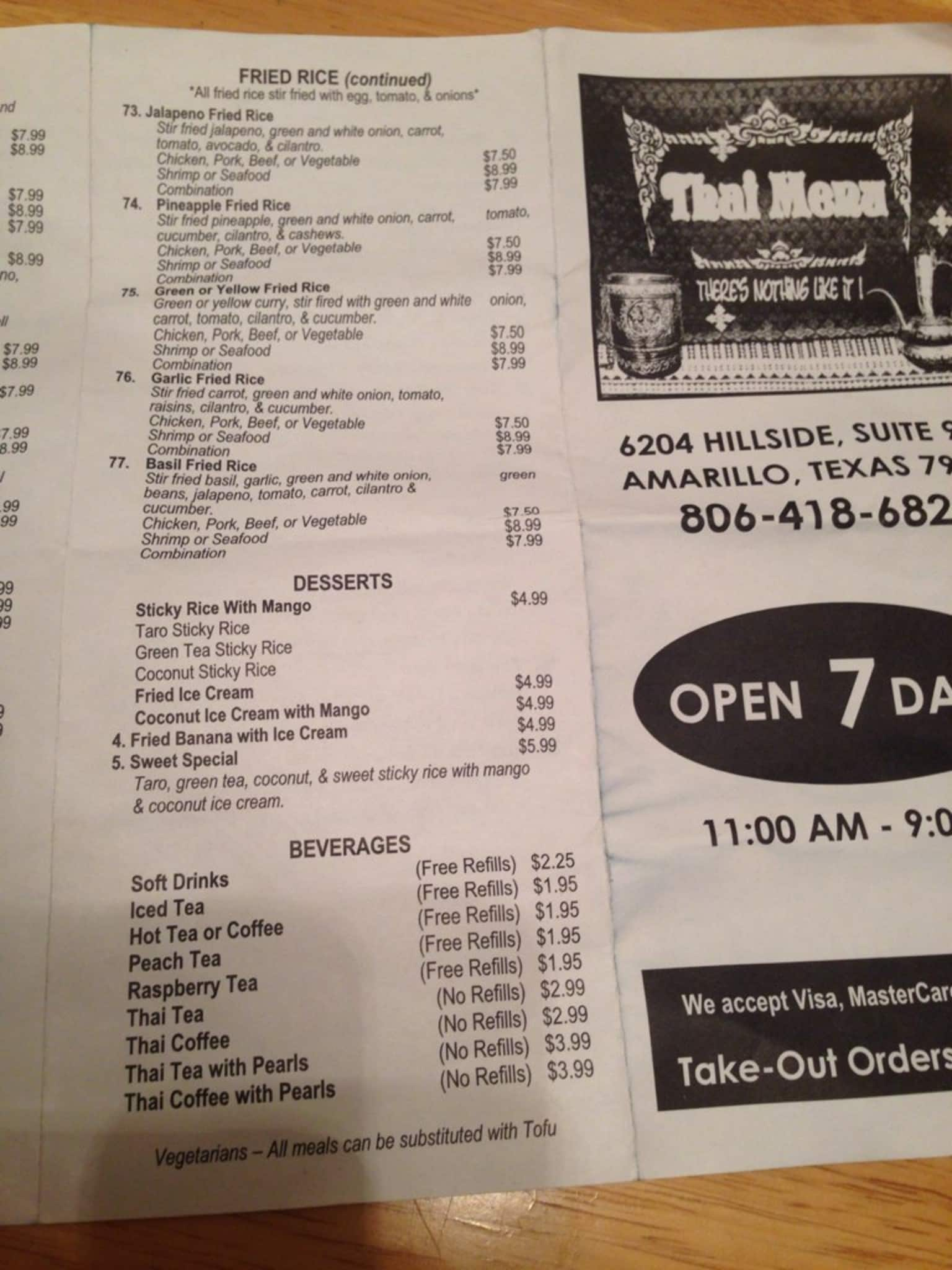 Menu of Thai Menu, Amarillo, Amarillo