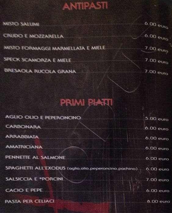 Menu di Exodus Pub 