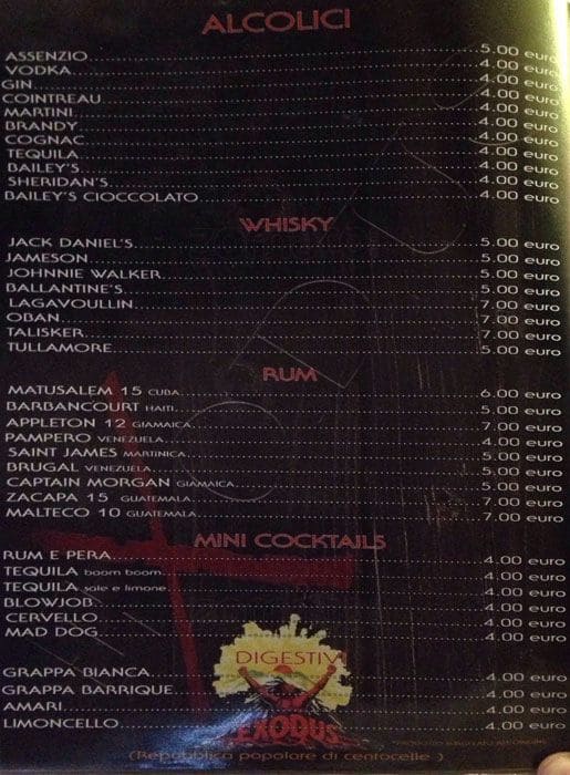 Menu di Exodus Pub 