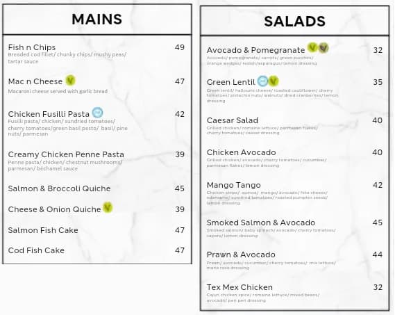 Menu at Marks and Spencer cafe, Dubai