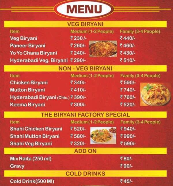 The Biryani Factory Menu, Menu for The Biryani Factory, Vasant Vihar