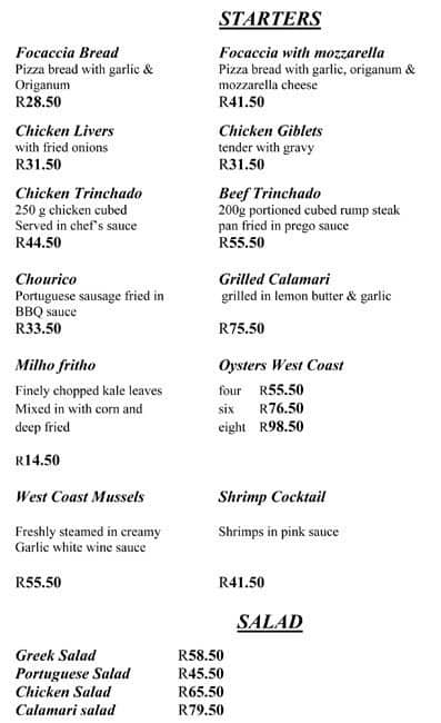 Menu at Tonino's Portuguese Restaurant, Johannesburg