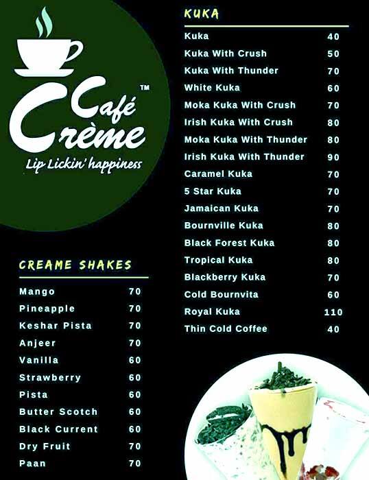 Café Crème menu
