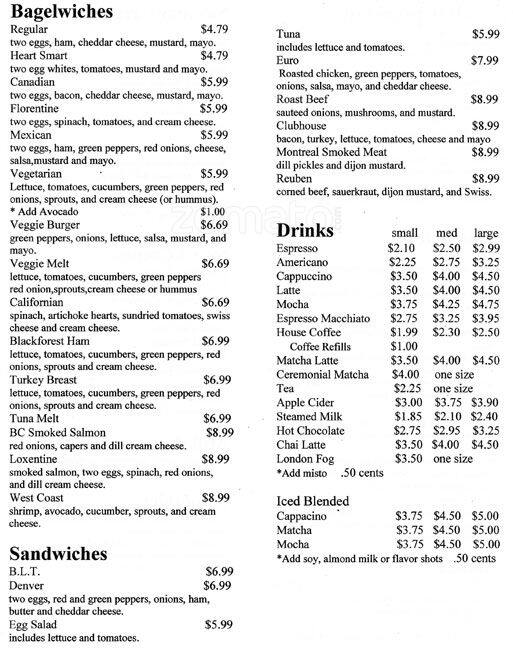 Menu at Euro Bagel Cafe, Vancouver