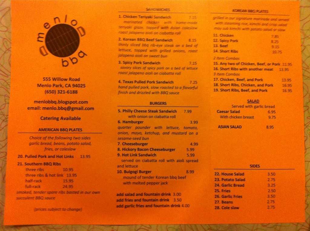 Menu at Menlo BBQ, Menlo Park