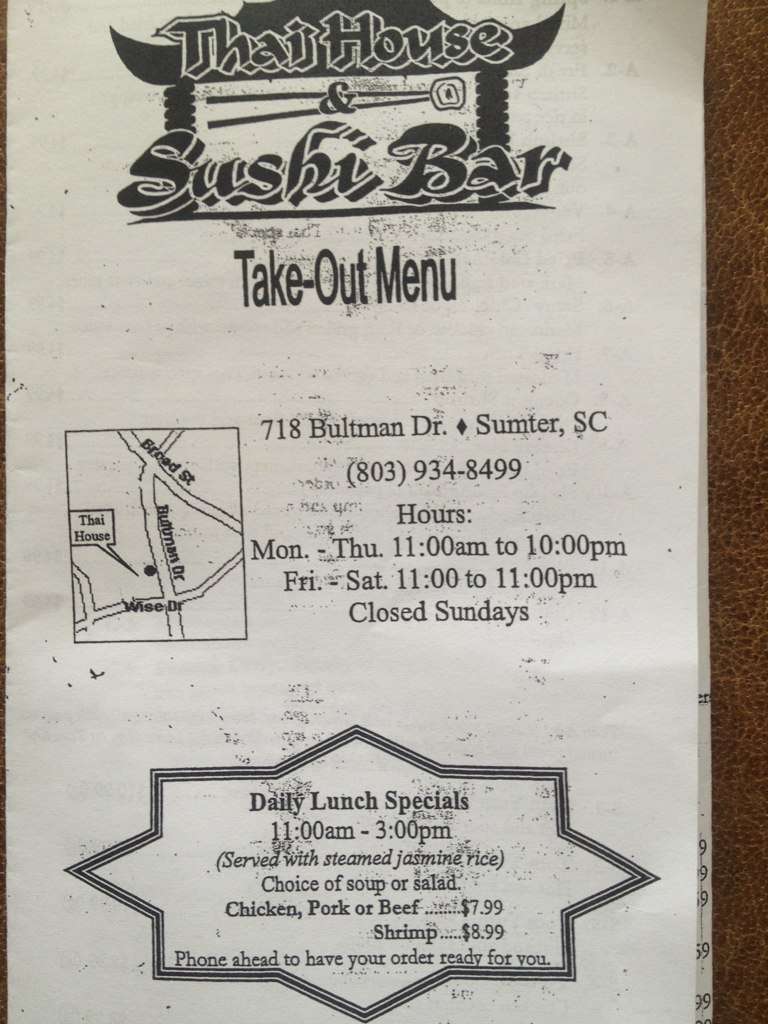 Thai House & Sushi Bar, Sumter, Sumter का मेनू Urbanspoon/Zomato