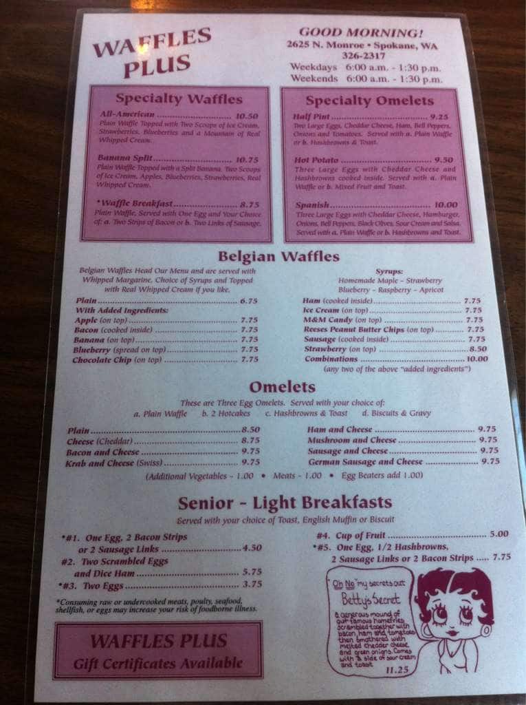 Waffles Plus Menu, Menu for Waffles Plus, Spokane, Spokane Urbanspoon