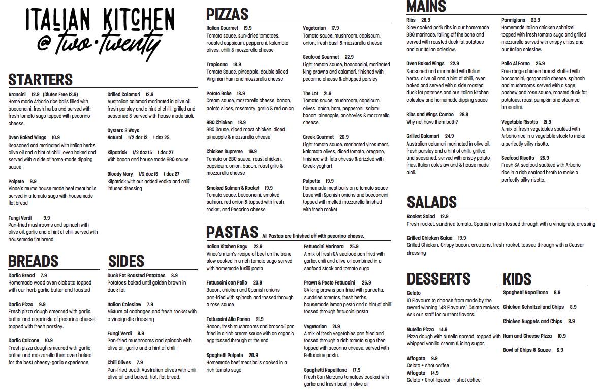 Italian Kitchen Two Twenty Menu