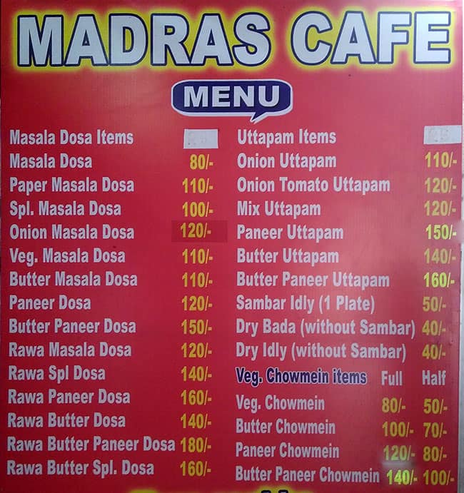 Madras Cafe menu
