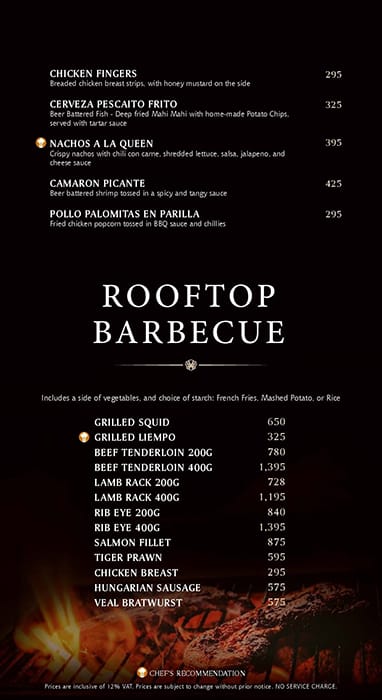 Firefly Roofdeck - City Garden Grand Hotel, Poblacion Menu