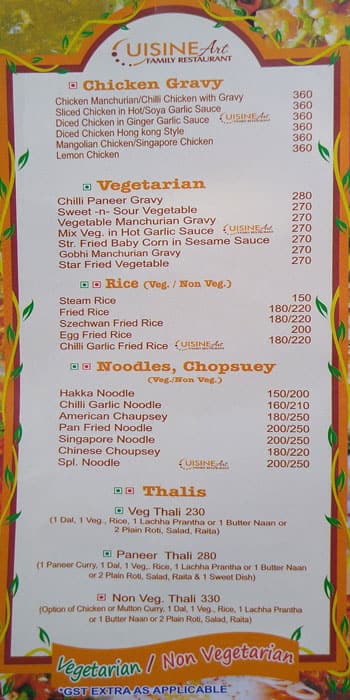 Cuisine Art Family Restaurant menu