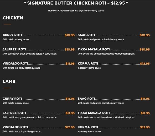 Butter Chicken Roti Menu, Menu for Butter Chicken Roti, Beaconsfield