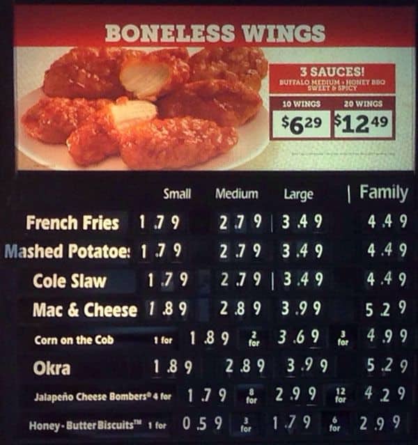 Menu at Church's Chicken fast food, Chicago, W Jackson Blvd