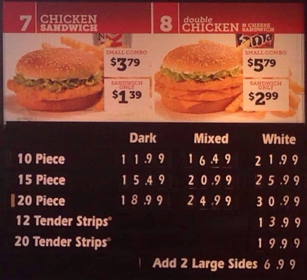 Menu at Church's Chicken fast food, Chicago, W Jackson Blvd