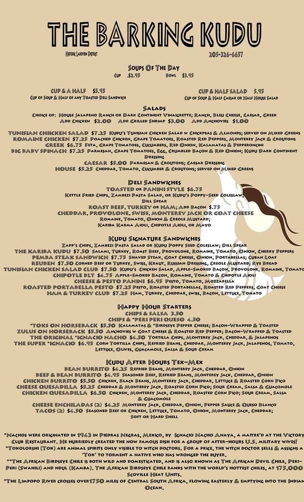 Barking Kudu Menu, Menu for Barking Kudu, Lakeview, Birmingham