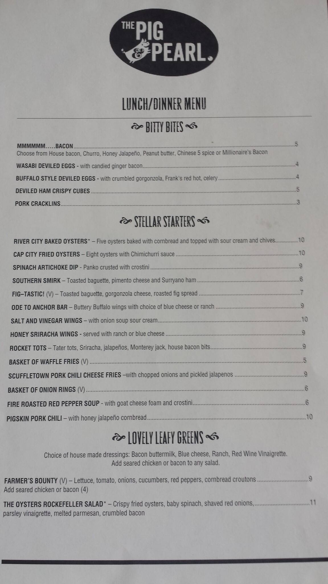 The Pig & Pearl Menu, Menu for The Pig & Pearl, The Fan, Richmond