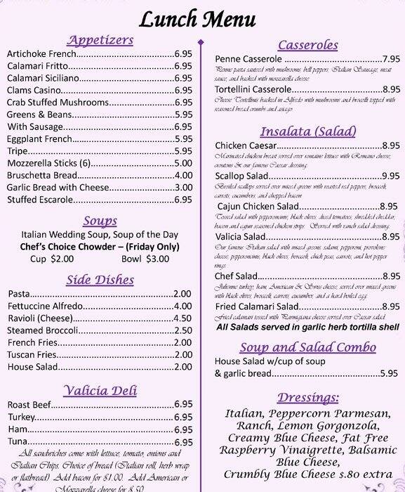 Carta de Valicias Ristorante