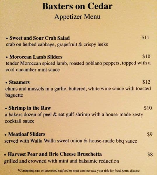 Menu at Baxters on Cedar pub & bar, Sandpoint, 109 Cedar St